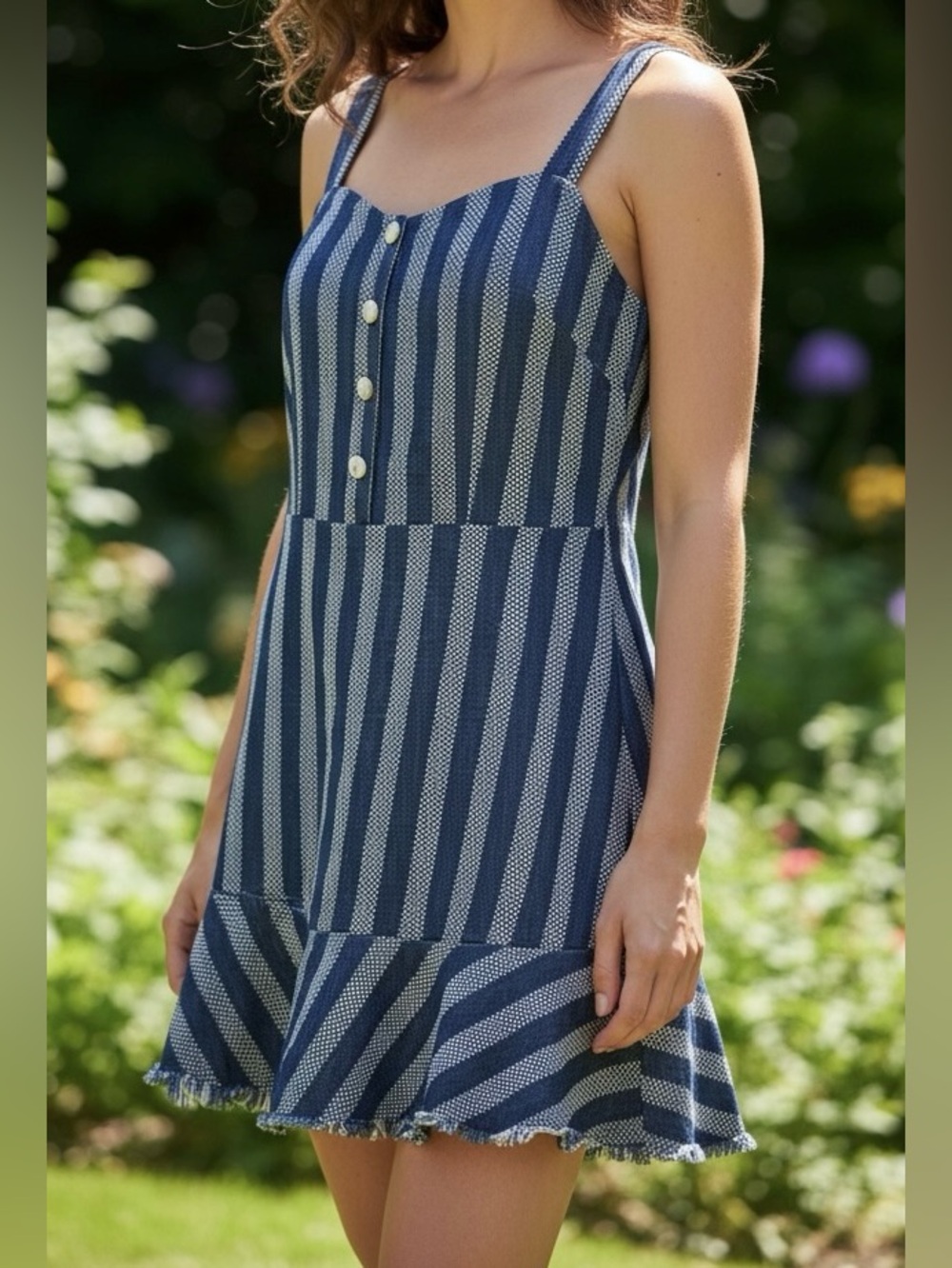 Umgee NWT Denim Stripe Mini Dress L Frayed Hem Boho Summer Adjustable Straps - Picture 2 of 9